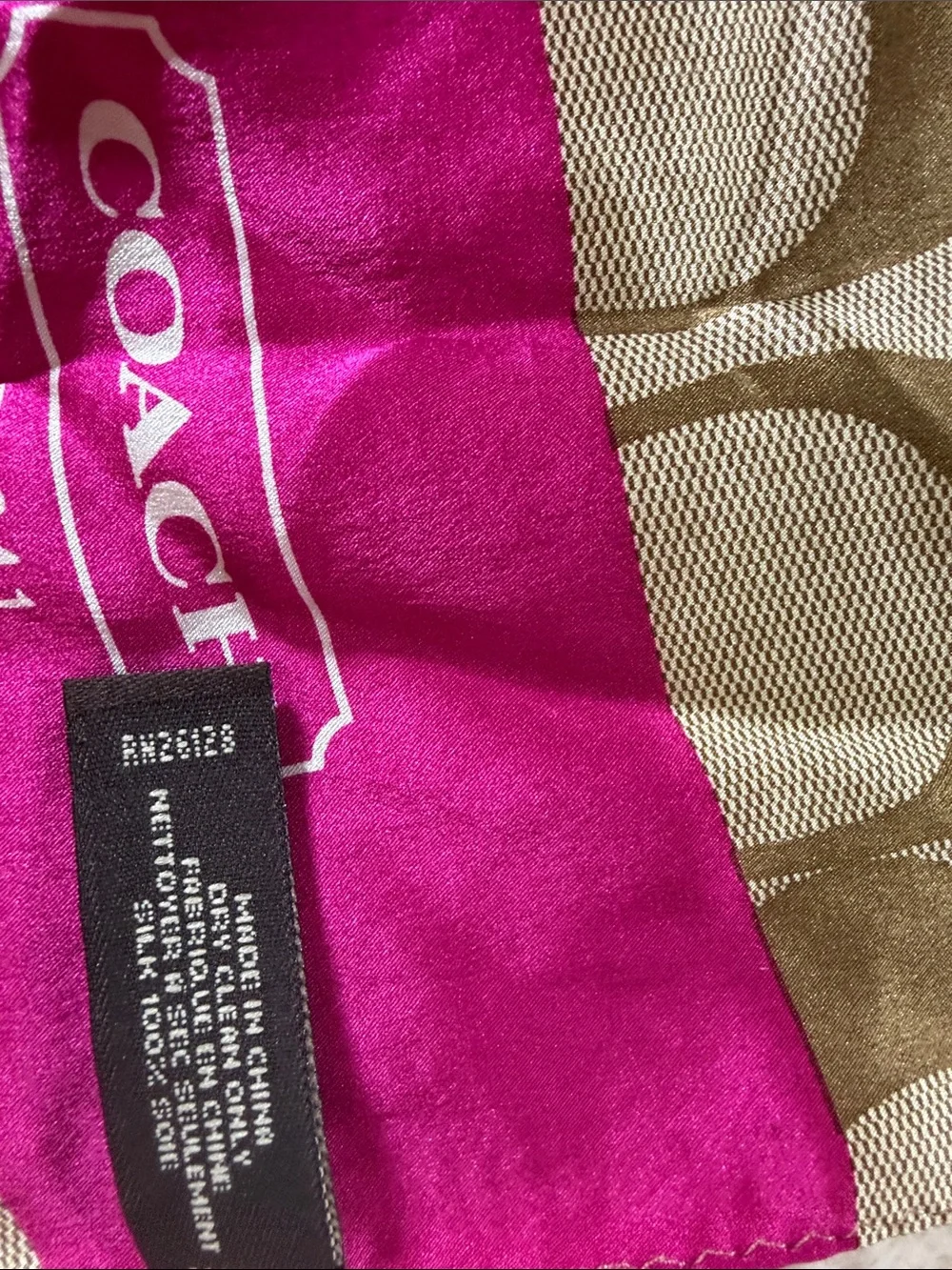 Coach Khaki and Hot Pink Signature Silk Scarf. 576